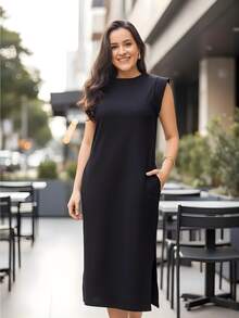 Women's Muscle Tee Midi Dress Cotton Mesh With Slit Basic Loose Short Sleeve Elegant Black Mother's Day Valentine's Day - màu đen - Xem 1