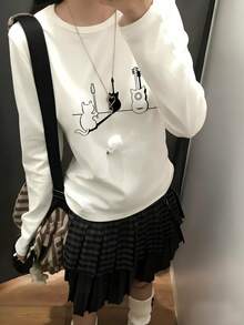 Women's Casual Loose Fit Round Neck Cat Print Long Sleeve T-Shirt, Versatile For Spring And Autumn