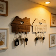 1个木质钥匙挂钩，4格家庭成员造型收纳架。精准收纳全家钥匙，展示架，适用于玄关、前门，钥匙整理器，温馨墙面装饰 - 心形镂空+房屋轮廓，营造舒适氛围。 - 杏色 - 查看 7