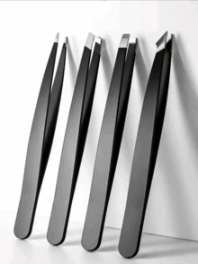 4PC Stainless Steel Slanted Tweezers Set Professional Precision Eyebrow Facial Hair Removal Tools For Women Men Travel Home Salon Use Hypoallergenic Rust Proof Beauty Essential Gift For Teen Girls Beginners Experts - 黑色 - 查看 1