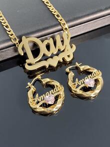 Personalized Birthday Jewelry Set, Custom Name Necklace And Earrings, Personalized Name Jewelry Set - Custom Name Pendant Necklace And Earrings, Inlaid Birthstone Heart Pendant, Diamond Necklace, Name Earrings, Birthstone Jewelry, Gift For Women, Gold-Plated Personalized Jewelry, Suitable For Women, Girls And Teenagers - Multicolor - View 3