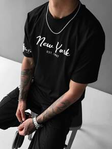 GRDR 1pc Men's Summer Lightweight Cotton New York 1907 Numeric Print Loose Casual T-Shirt - Black - View 1