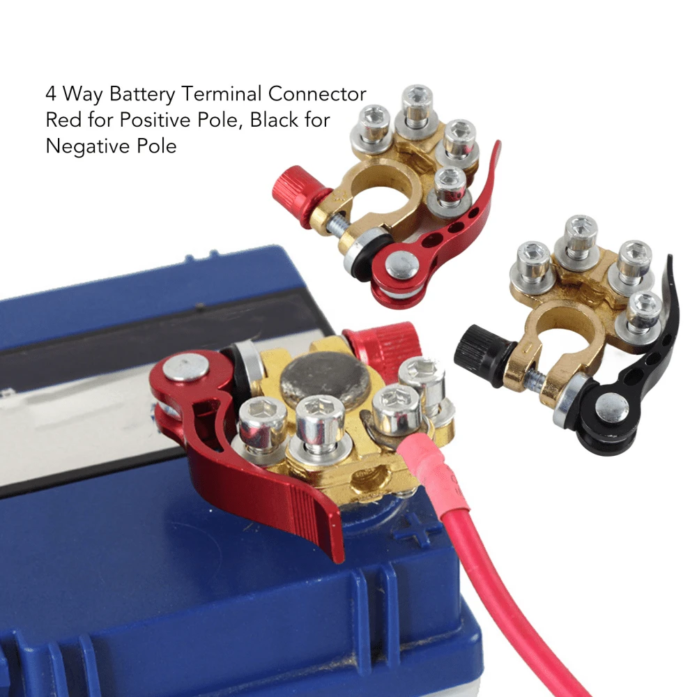 Conector batería 4 vías, positivo (rojo) + negativo (negro) + llave hexagonal. Terminales latón para baterías 45-200AH, SAE/JIS cilíndricas. 4 bornes para conexión múltiple de cables. Fácil instalación, presiona palanca para asegurar. Buena conductividad y resistencia a corrosión. Apto para autos, minibuses, RVs, camiones, audio auto. Reemplaza terminales viejos o dañados. - Dorado - Ver 1