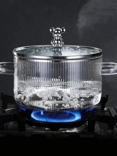 1 pieza Olla de vidrio con forma de oso, hecha de vidrio borosilicato transparente con rayas verticales, olla de vidrio para sopa de uso doméstico, conveniente para calentar fideos de vidrio y olla de leche, olla multifuncional para la cocina, hecha de vidrio borosilicato con propiedades resistentes al calor