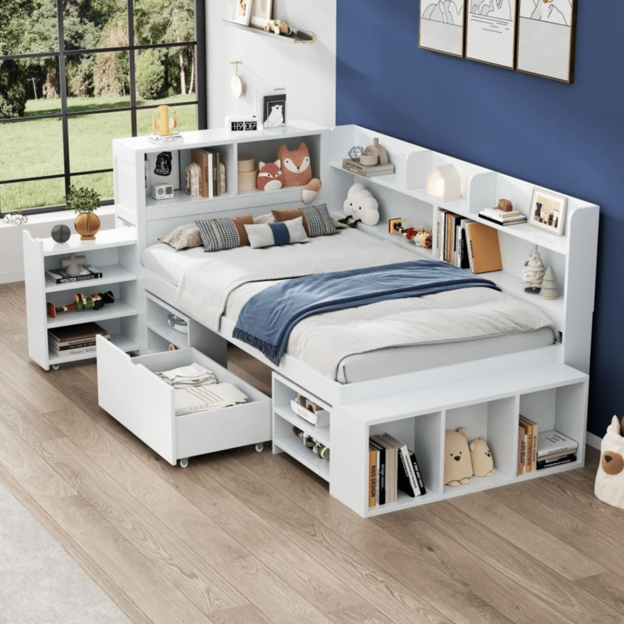 Children's Bed, 90 X 200 Cm, Single Bed, Multifunctional Children's Bed With Drawers, Shelf And Storage Cupboard, Large Storage Space, Slatted Base, Mattress Not Included, White