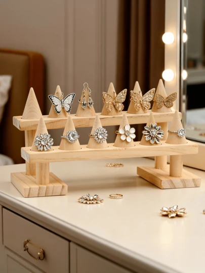 Suporte de joias de madeira natural com duas camadas - Organizador em formato de cone para anéis, brincos e pequenos acessórios, armazenamento estável para casa, penteadeira e loja.