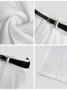 Women's High Waist White Wide Leg Pants With Pleated Details, Essential For Commuting And Everyday Wear (With Belt) - White - View 5