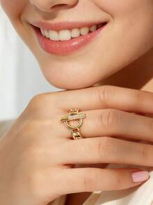 Charm-In Gold-Plated Open Chain Ring With O-Shaped Buckle And Inlaid CZ Diamonds, Thick Chain Luxury Style Accessory, Suitable For Daily Wear, Dating, Party, Street Style, Ideal Gift For Girlfriend, Best Friend, Birthday, Holiday - Gold - View 2