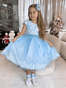 Vestido Juvenil De Festa Premium Aniversário Florista Dama De Honra Jardim Encantado Aplique Borboletas Luxo Cores Rosa Branco Rose Azul - Azul - Visão 5