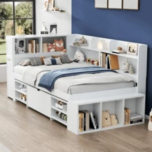 Children's Bed, 90 X 200 Cm, Single Bed, Multifunctional Children's Bed With Drawers, Shelf And Storage Cupboard, Large Storage Space, Slatted Base, Mattress Not Included, White
