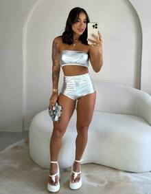 Women's Carnival Set With Glitter, Padded Cups, Hot Pants, Sizes P To GG, Carnival Block Party - 銀色 - 查看 7