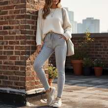 Women's High Waisted Striped Leggings: Ribbed Knit Pants With Drawstring Waist In Light Gray For Cozy Homewear, Casual Loungewear And Everyday Comfort. - 混合色 - 查看 4
