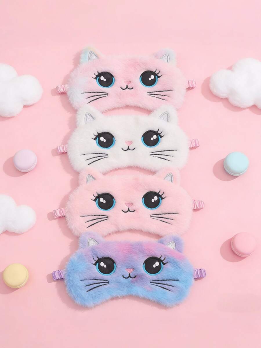 1pc/4pcs Kids Comfortable Blackout Cute Cartoon Plush Cat Sleep Mask, Silky Soft, Sleep Aid, Suitable For Daily Comfortable Sleep, Gift Giving - Multicolor - View 1