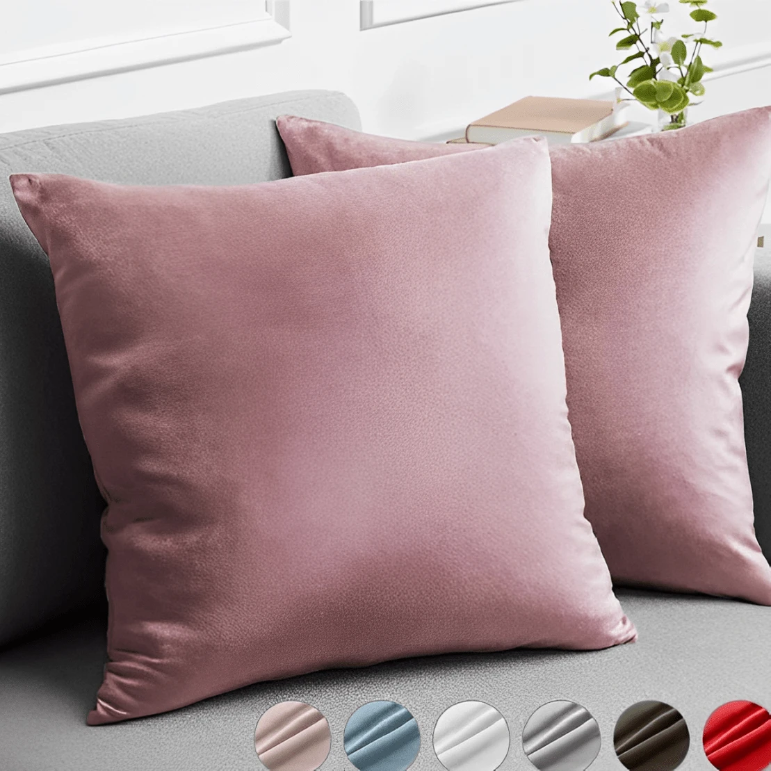 Set Of 2 Cushion Covers 45x45 Premium Smooth Velvety Suede With Invisible Zipper, Decorative - Rose - 查看 1
