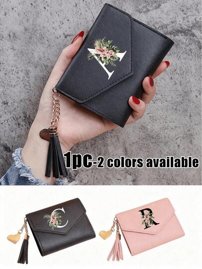 1 Women'S Foldable Short Wallet With Initial Letter A-Z Print, PU Triple Fold Women'S Heart-Shaped Pendant And Tassel Wallet, 6 Card Slots, 1 ID Card Window, 1 Cash Compartment, Ultra-Thin Card Wallet For Girls And Women, Multiple Card Slots, Coin Wallet, Waterproof, Portable, Large Capacity Credit Card Zipper ID Card Cash Storage, Suitable For Business, Leisure, University, Work, Business, Commuting