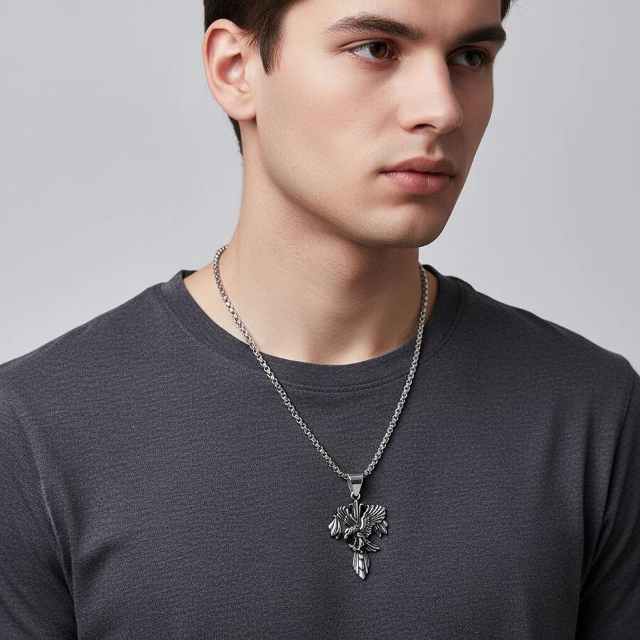 1pc Fashionable Hip-Hop Style Dragon & Eagle Pendant Titanium Steel Necklace, Suitable For Men And Women, Daily Wear And Parties - Eagle - View 1