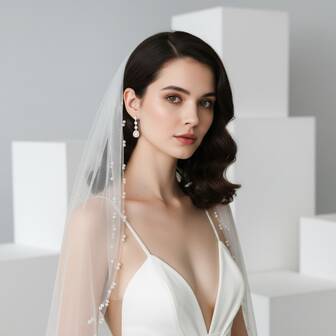 1pc High-End Faux Pearl Beaded Edge Double-Layer Bridal Veil, Fashionable And Elegant Wedding Dress Veil