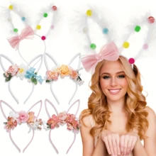 1pc Boho Style Rabbit Ear & Flower Headband | Cute Pink Bow Plush Headband, Suitable For Easter And Parties, Mixed Knit Fabric - Multicolor - View 1
