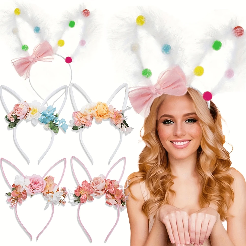 1pc Boho Style Rabbit Ear & Flower Headband | Cute Pink Bow Plush Headband, Suitable For Easter And Parties, Mixed Knit Fabric - Multicolor - View 1
