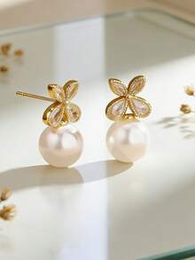1 Pair Minimalist Zirconia Round Stud Earrings, Suitable For Daily Wear - Gold - View 2