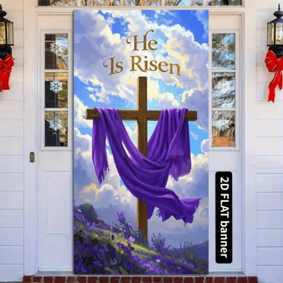 1 pieza Letrero de puerta 2D, 35x70 pulgadas de poliéster duradero, diseño de cruce de montañas y bufanda morada, sin necesidad de energía, con diseño de Resurrección de Pascua, adecuado para bodas