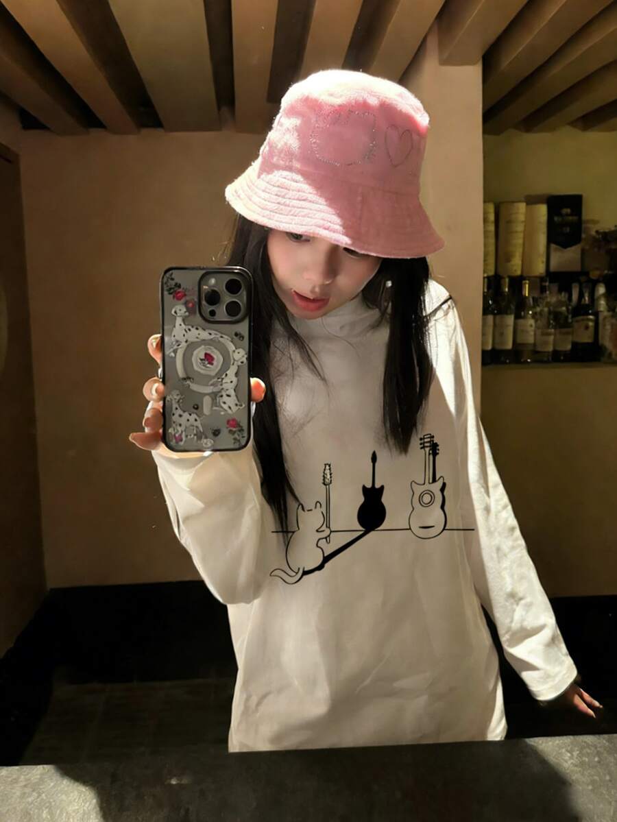 Women's Casual Loose Fit Round Neck Cat Print Long Sleeve T-Shirt, Versatile For Spring And Autumn