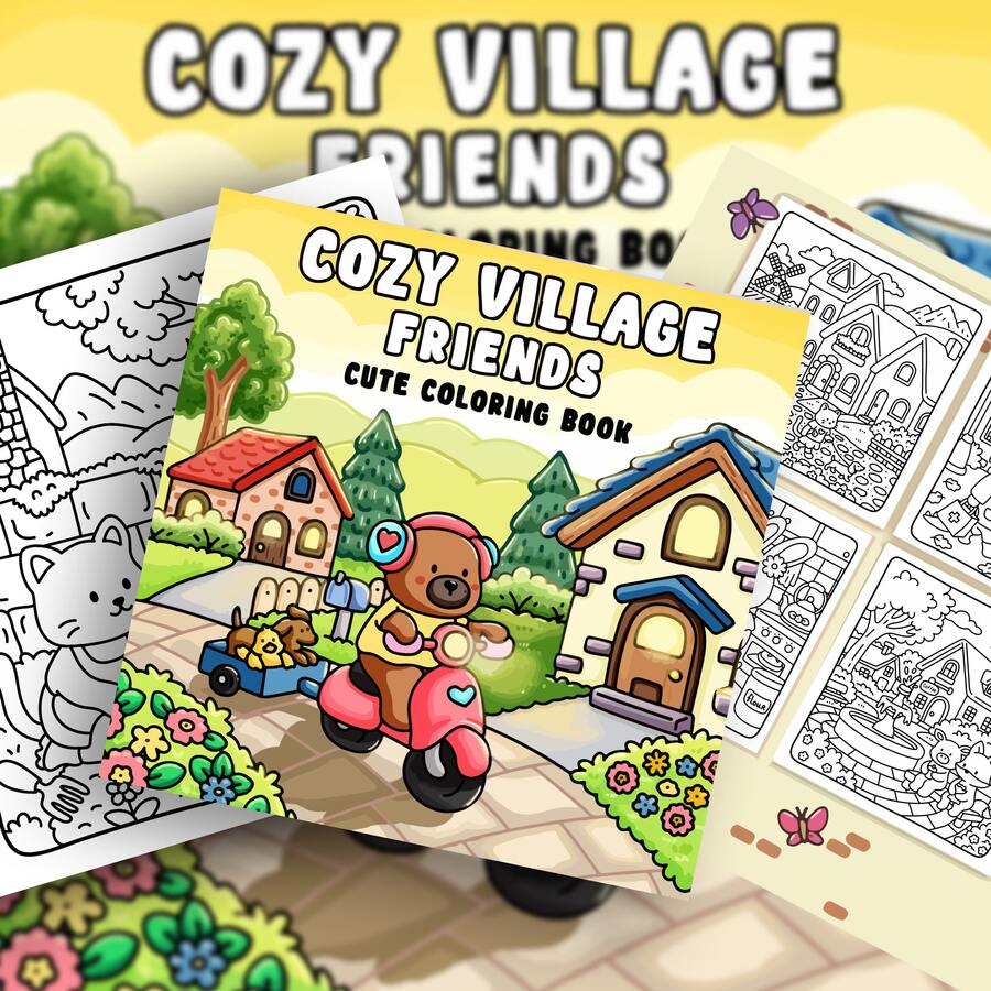 40 Pages - 200g, Warm Village Cute Bear Motorcycle Coloring Book, Soft Skin Paper Coloring Book, Warm And Healing Style, Riding Motorcycle Cute Bear Pattern, Pink And Brown Color Scheme, Includes Heart-Shaped Helmet Detail, Stress Relief Coloring, Suitable For Stationery, School Supplies, Suitable As A Gift For Girls, Valentine's Day, New Year - Cozy Village Friends - View 1