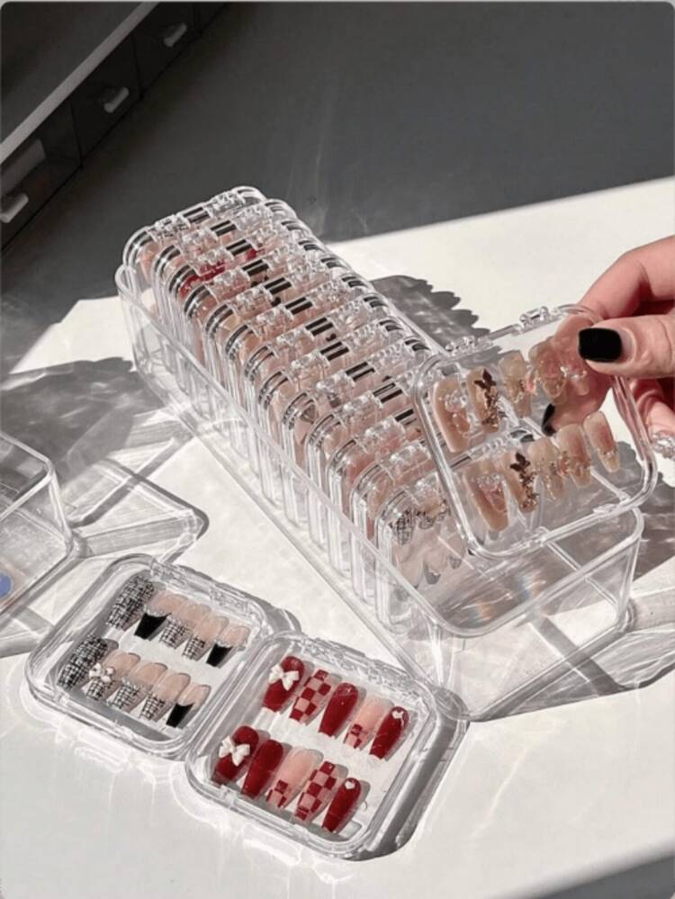 12/5/1pc Clear Nail Storage Box – Press-Type Fake Nail Organizer, Display Case For Acrylic Nails, Jewelry & Cosmetics | Compact Plastic Desktop Container For Salon & Home, DIY Beads & Nail Art Tools - Clear - View 3