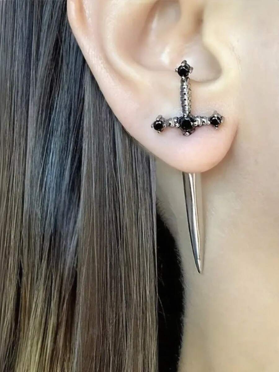 1对男女通用复古哥特式剑形耳钉，派对、节日装饰耳环配饰 - 銀色 - 查看 1
