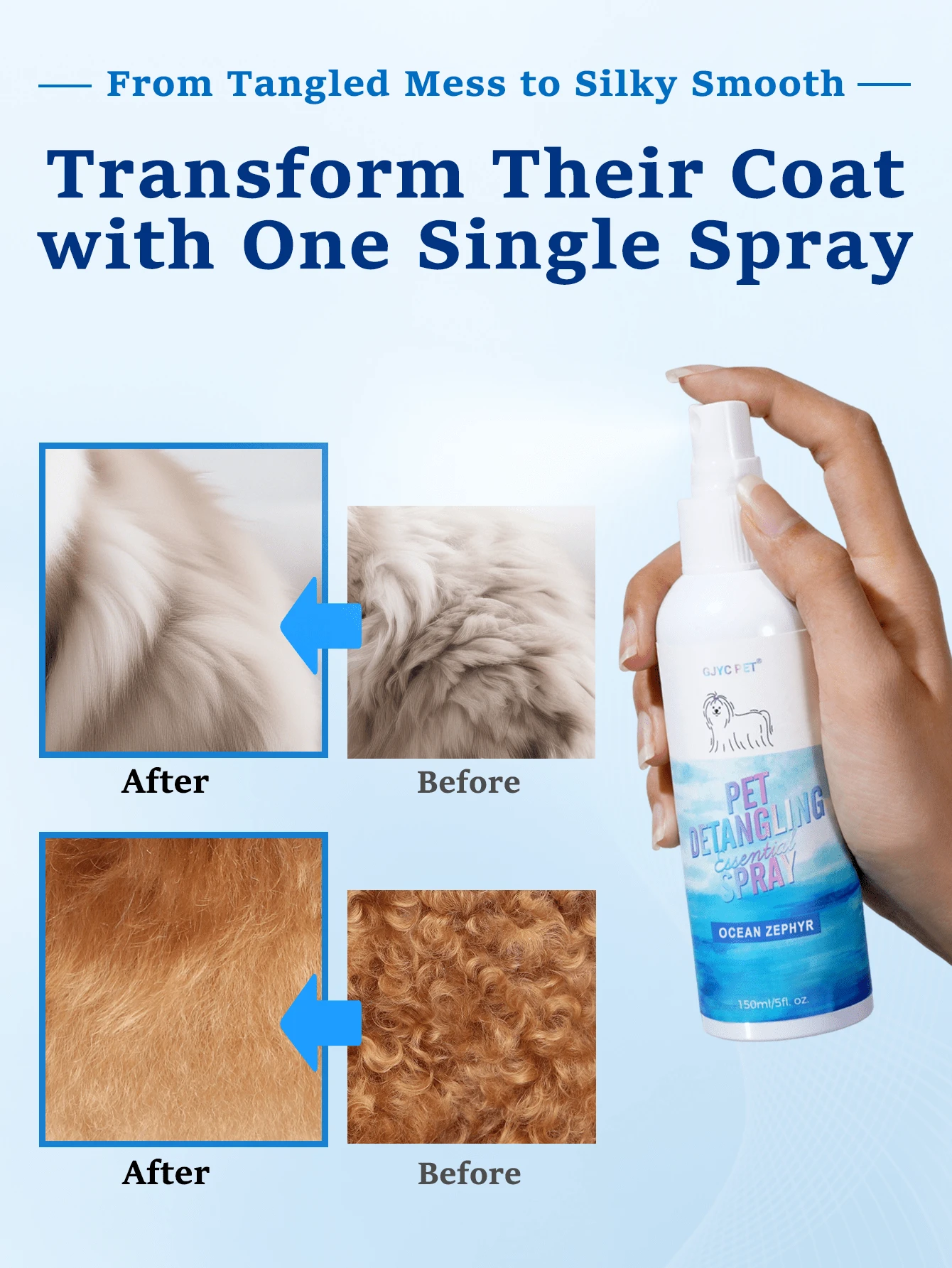 GJYC PET 5 液体盎司海洋微风狗狗毛发柔顺护理喷雾 - 解决毛发打结问题，去除缠结，免冲洗毛发柔顺剂，令毛发柔软亮泽