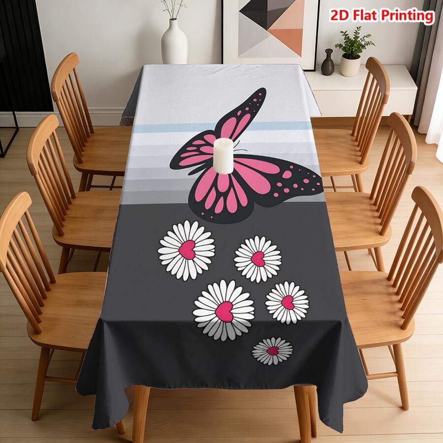 1/20pcs Tablecloth, Pink Butterfly & Daisy Pattern, Polyester Fabric, Woven, Suitable For Picnic, Camping, Wedding, Birthday, Buffet, Spring Home Decor - Multicolor - View 1