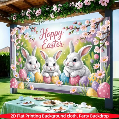 1PC,2D Flat, Easter Bunny Background Banner, Polyester Fabric, Bunny, Easter Egg, Flower Design, Used For Easter Party Decoration, Spring Decoration, Garden Decoration, Birthdays, Weddings, Anniversaries, Holiday Gatherings, Party Decoration, Easter Background Cloth, Home/Room/Indoor/Outdoor Decoration, Photography Background Props, Party Decoration Supplies, Holiday Event Decoration