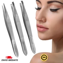 Kit Com 3 Pinças em Aço Inoxidável Para Design de Sobrancelhas Remoção de Pelos 3 Peças Pontas Diferentes - Prata - Visão 3
