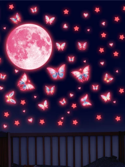 1pc Pink Glow-In-The-Dark Moon, Star, Butterfly Wall Sticker For Ceiling, Children's Room, Bedroom, Suitable For Living Room, Bedroom, Study, Dining Room, Kitchen, Bathroom, Foyer