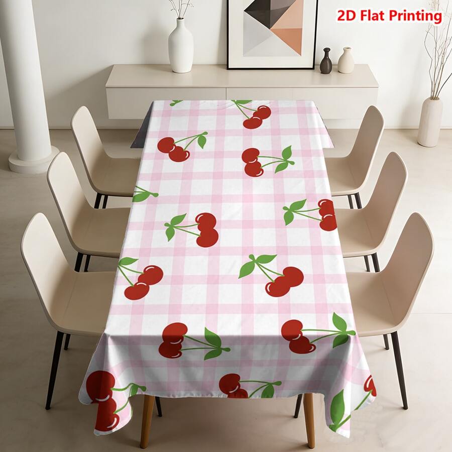 1/20pcs Cherry Pattern Pink Plaid Tablecloth, Polyester Fabric, Woven, Suitable For Picnic, Camping, Wedding, Birthday, Buffet Restaurant And Spring Home Decor - Multicolor - View 1