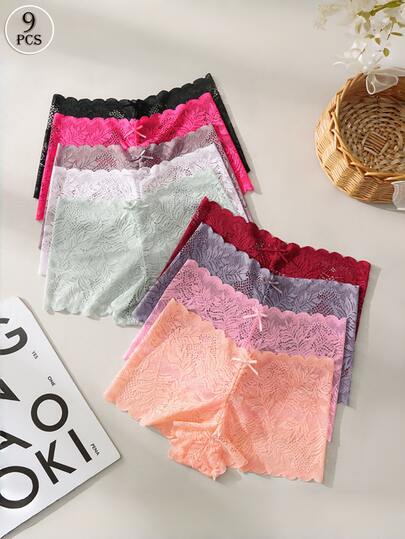 9pcs Women's Solid Color Sexy Lace Comfortable Briefs, Women's Underwear