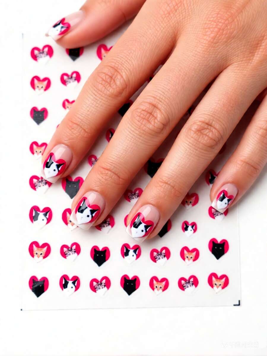 1片可爱猫咪浮雕美甲贴纸，自粘亮面美甲装饰，红色爱心图案，卡通主题，不对称形状，适合女性一次性DIY美甲沙龙用品美甲贴纸 - 彩色 - 查看 1