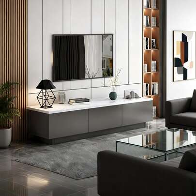 Mueble Para TV Acabados De Mármol Blanco Con 3 Cajones 120x30x29cm