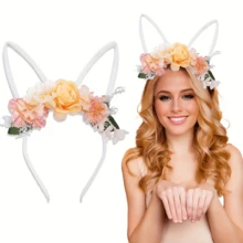 1pc Boho Style Rabbit Ear & Flower Headband | Cute Pink Bow Plush Headband, Suitable For Easter And Parties, Mixed Knit Fabric - Multicolor - View 9