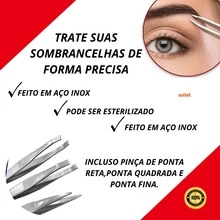 Kit Com 3 Pinças em Aço Inoxidável Para Design de Sobrancelhas Remoção de Pelos 3 Peças Pontas Diferentes - Prata - Visão 9