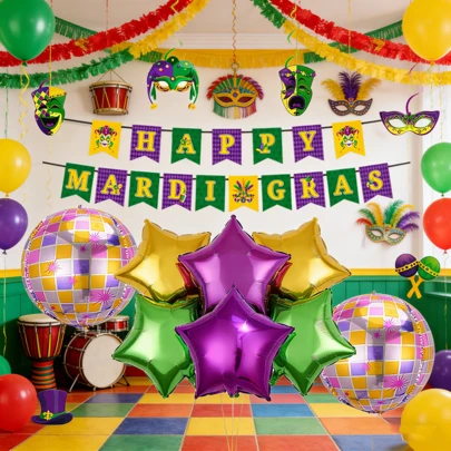 Carnival Party Balloon Decoration Kit, 18 Inch Purple, Gold, Green 22 Inch Disco Ball Aluminum Foil Balloon, Carnival Flag, Suitable For Carnival Party Decorations