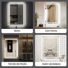 Espejo táctil inteligente con led, tres temperaturas de color ajustadas libremente, botón de luz ajustable táctil con un solo clic, función de eliminación de niebla inteligente, función de memoria, 70 * 50 cm, se puede instalar verticalmente o horizontalmente, adecuado para duchas, tocadores de dormitorios, vestíbulos - Blanco - Ver 11