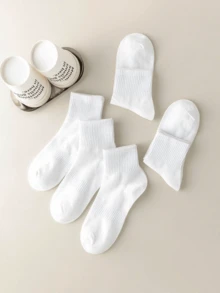 5 Pairs White Socks, Solid Color Socks For Women, Korean Style Mid-Calf Socks, Versatile For Autumn/Winter/Summer, Unisex Sports Socks, Couple Socks - White - View 2