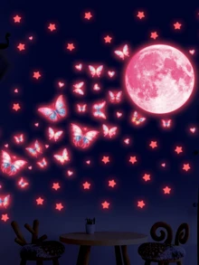 1pc Pink Glow-In-The-Dark Moon, Star, Butterfly Wall Sticker For Ceiling, Children's Room, Bedroom, Suitable For Living Room, Bedroom, Study, Dining Room, Kitchen, Bathroom, Foyer - Pink - View 2