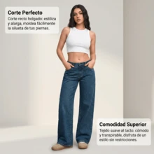 Vaqueros de pierna ancha y larga para mujer, estilo casual, con bolsillos, cremallera y botones, elasticidad media. - Azul - Ver 6