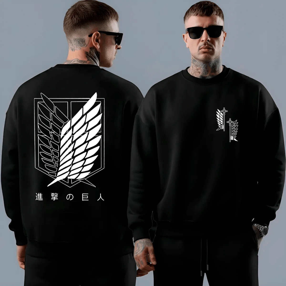Men's Crew Neck Sweatshirt With Attack Art Print, Minimalist Anime Streetwear Style - 黑色 - 查看 1