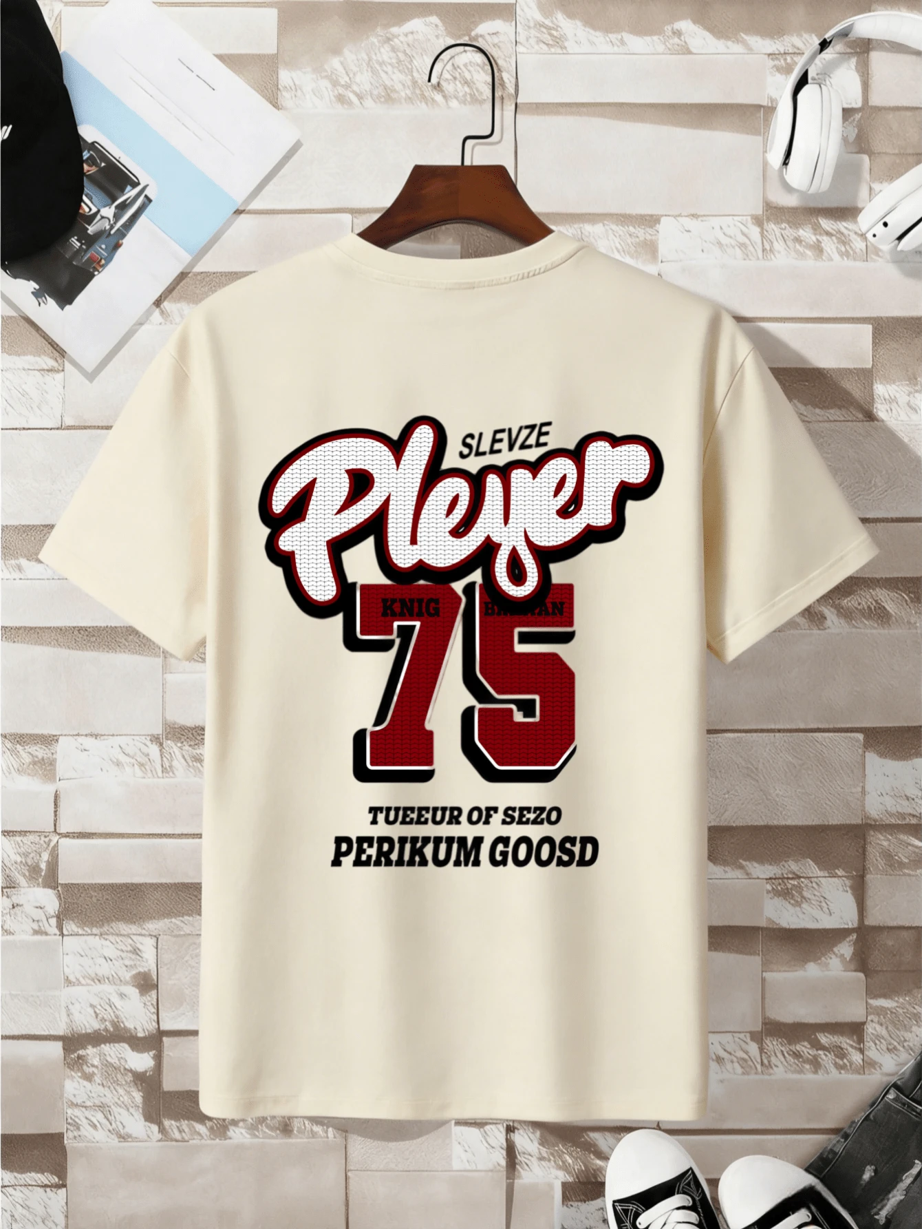 SS26 Camiseta de Manga Corta Unisex de Algodón 100% - Diseño Estilo Deportivo Retro con Letra "Pleyer" y Número 75 (Detalles "SLEVZE/KNIG"), Estilo Casual Juvenil para Uso Diario - Albaricoque - Ver 1