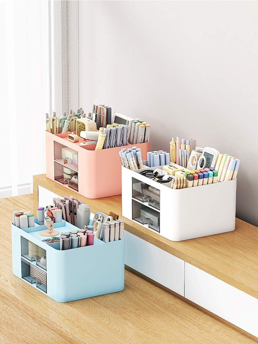 2-Drawer Desktop Organizer, Multifunctional Pen Holder, 5-Compartment Desktop Organizer And Storage, Office Desk Organizer - Multicolor - View 1