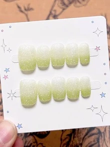 10pcs Pure Handmade Press On Nails Mid-Length Square Nail Green And White Cat Eye Nails Cute Pain Y2k Gentle Stroble Flash Temperament For Women And Gril,Spring Summer Fall Winter,Holiday And Dailys Life Use - Green - View 2