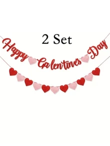 1 Set "Happy Galentine's Day" Banner - 9.8ft/3m Glitter Red "Happy Galentine's Day" Banner And 9.8ft/3m Red & Pink Glitter Heart Banner, Valentine's DIY Decor, Galentine's Day Decoration Sign, Heart Wreath - Multicolor - View 9